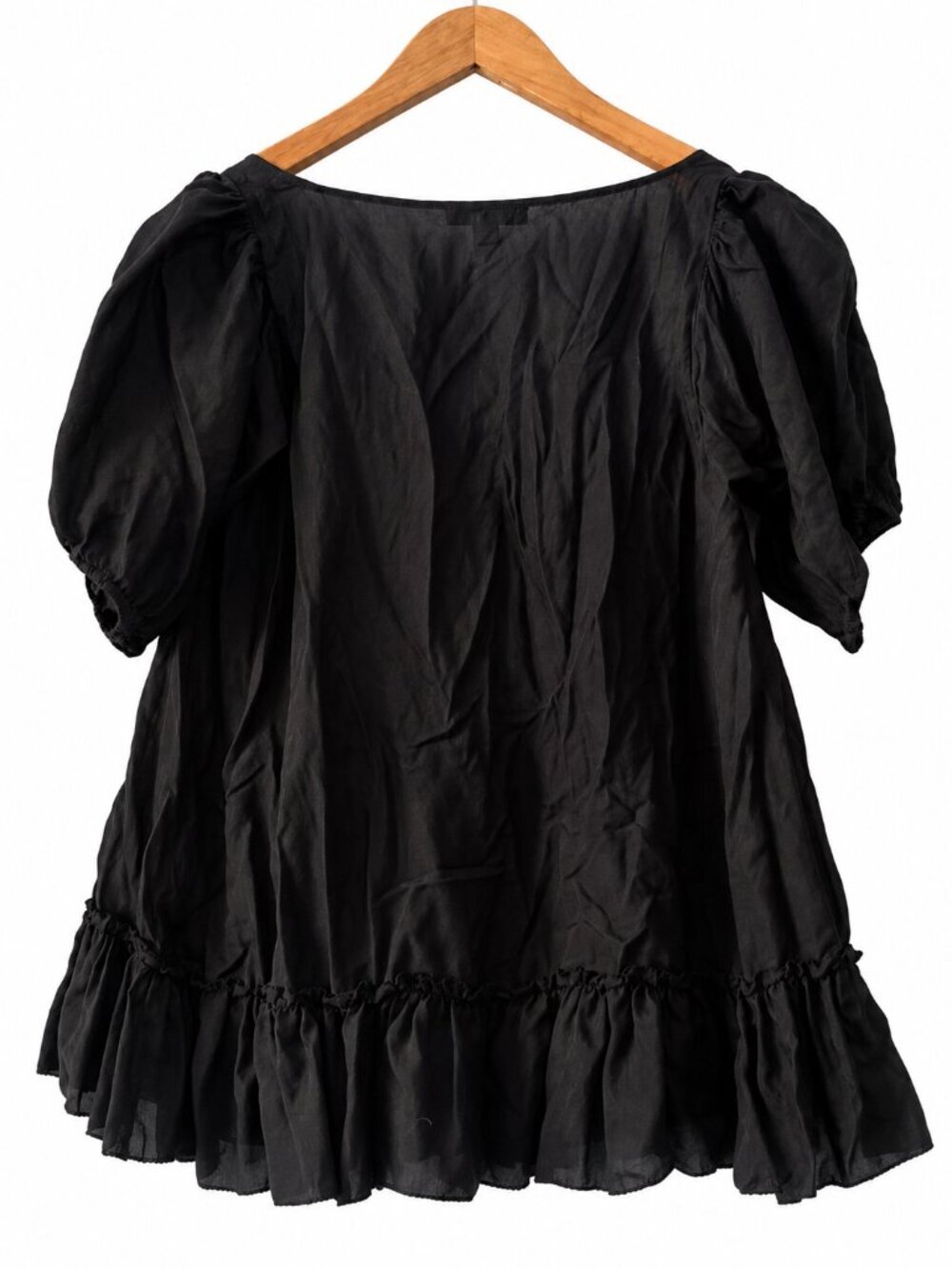 Gap Black Silk Blend Puff Sleeve Tie Neck Ruffle Hem Whimsigoth Blouse Sz L - Picture 2 of 5